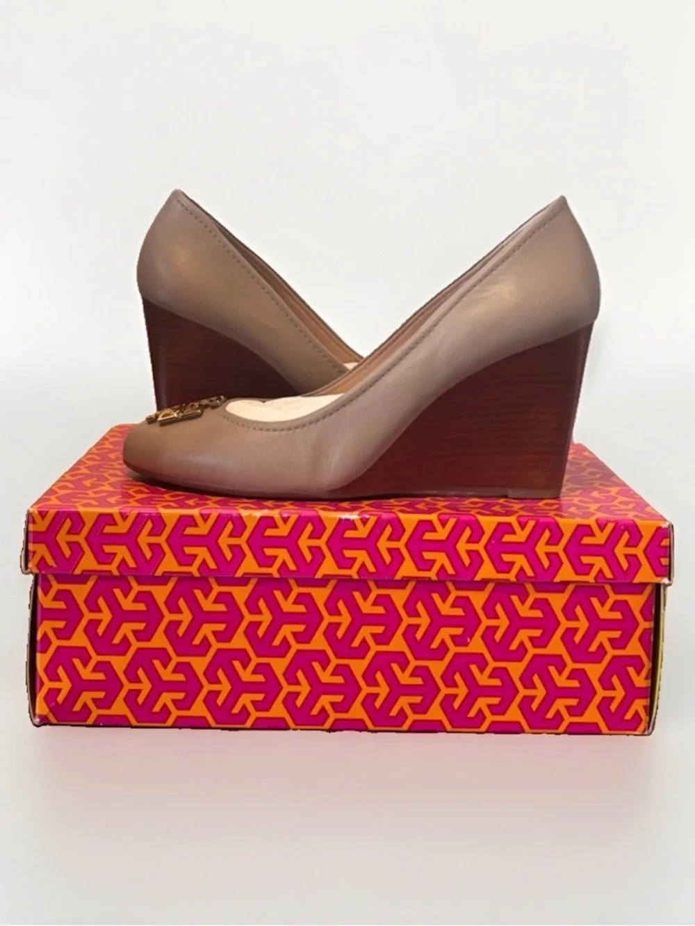 Tory Burch Taupe Leather Wedge Pumps with Gold Logo Accent